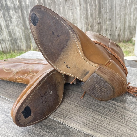 ACME Western Cowboy Boots Women 7.5 D Brown Leather Fringe Rope Stacked Heel USA - Picture 11 of 14